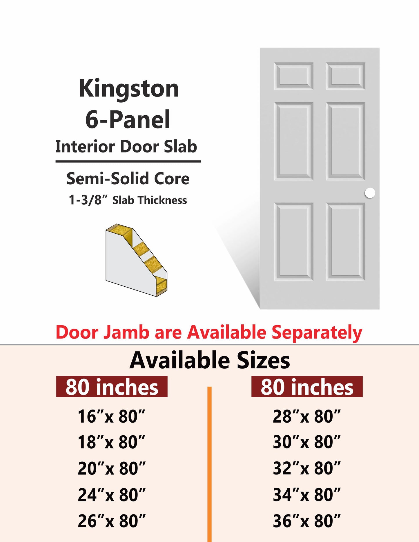 KINGSTON-6 Panel Interior Door Slab & Prehung (RH/LH/ND)