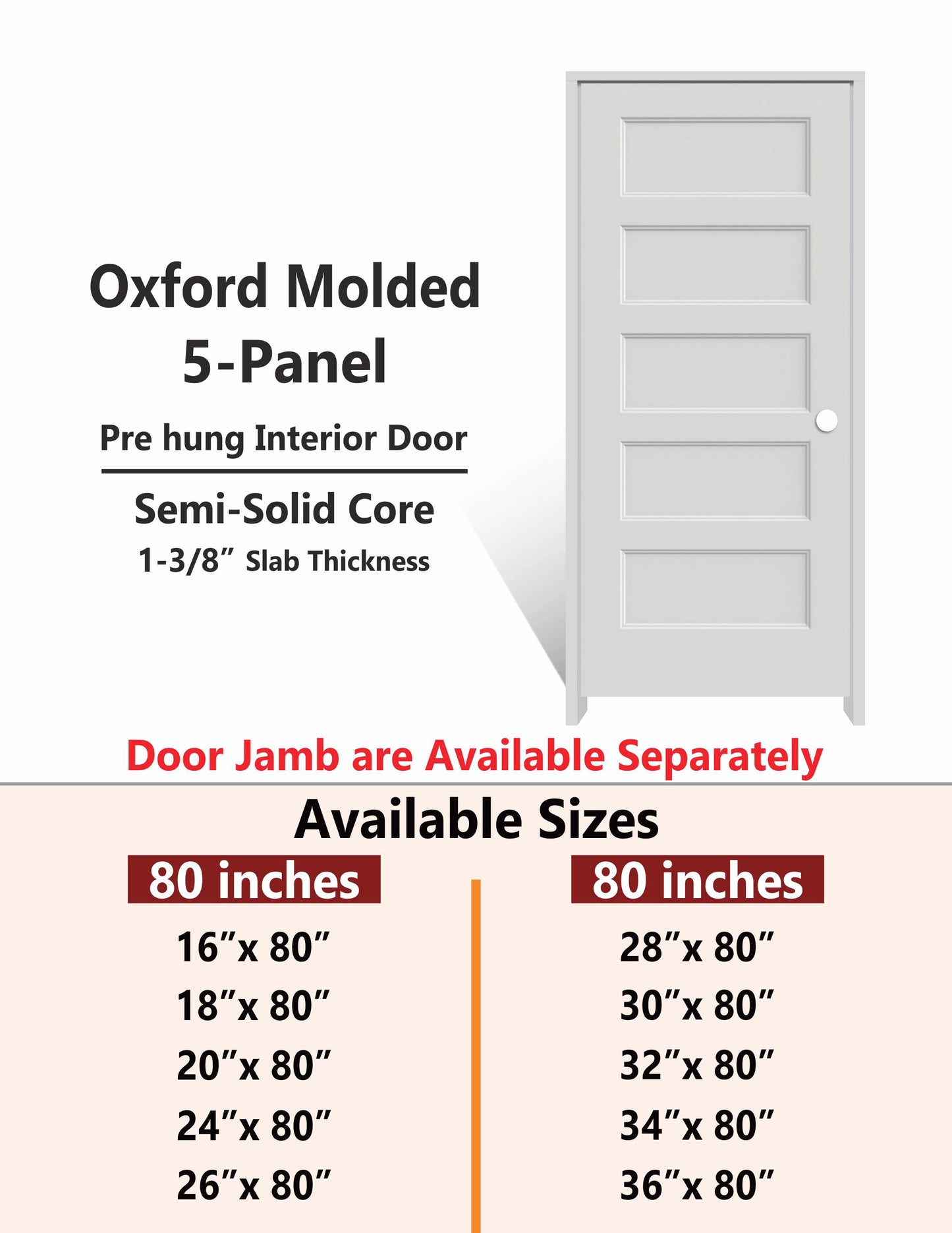 OXFORD-5 Panel Interior Door SLAB & PREHUNG (RH/LH/ND)