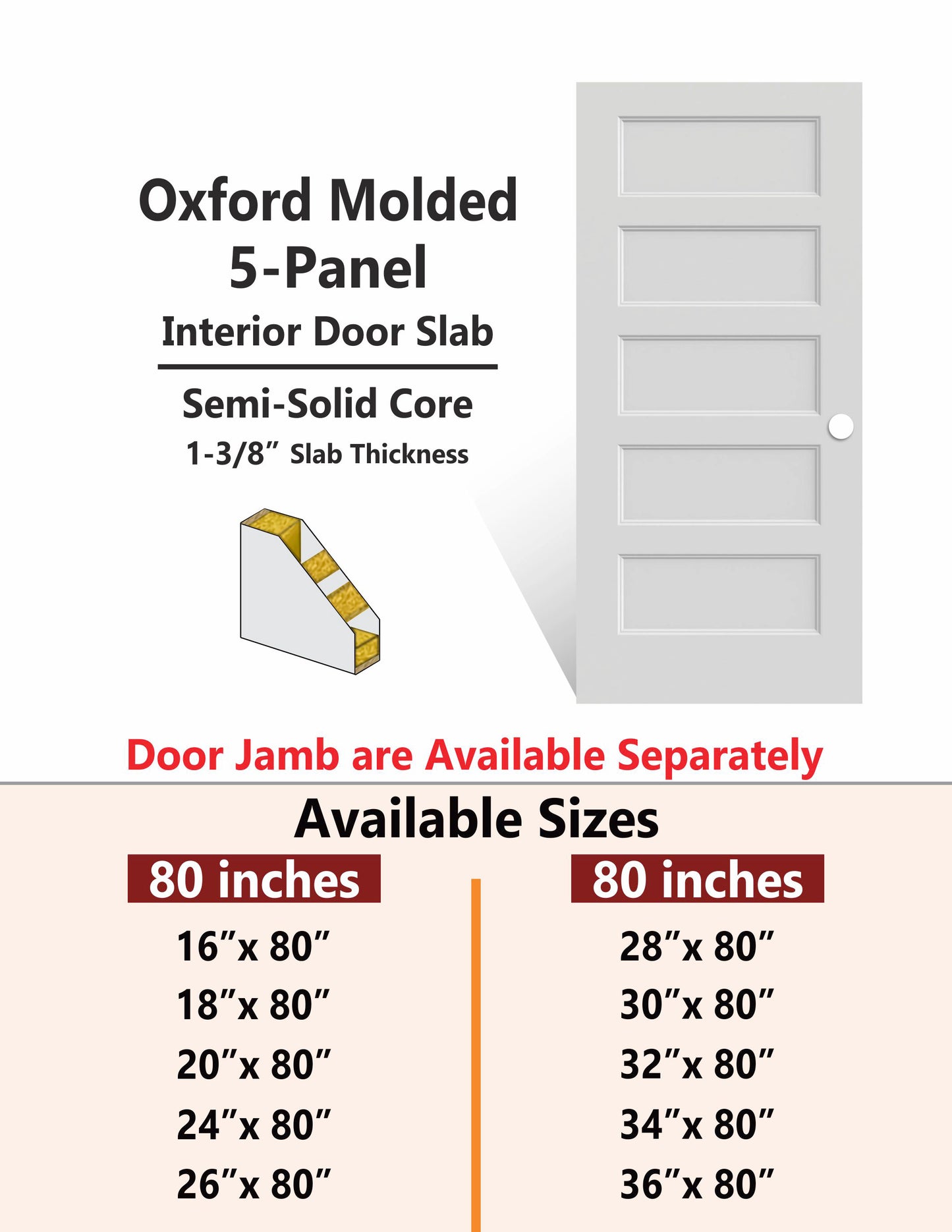 OXFORD-5 Panel Interior Door SLAB & PREHUNG (RH/LH/ND)