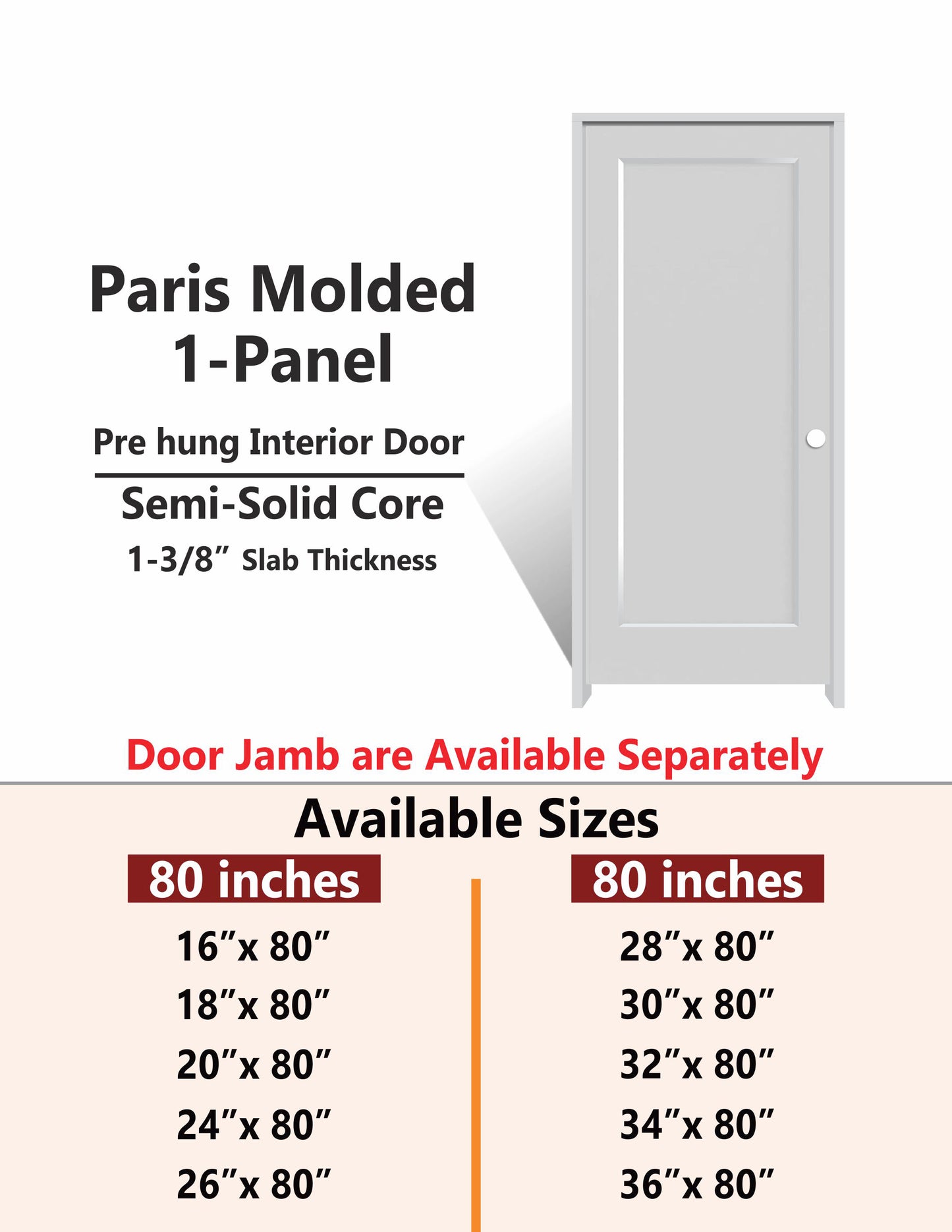 PARIS-1 Panel Interior Door SLAB & PREHUNG (RH/LH/ND)