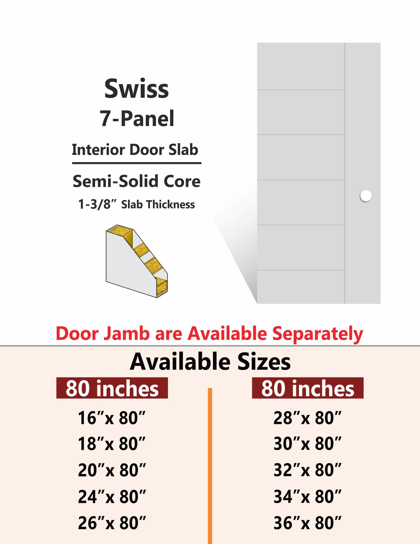 SWISS-7 Panel Interior Door SLAB & PREHUNG (RH/LH/ND)