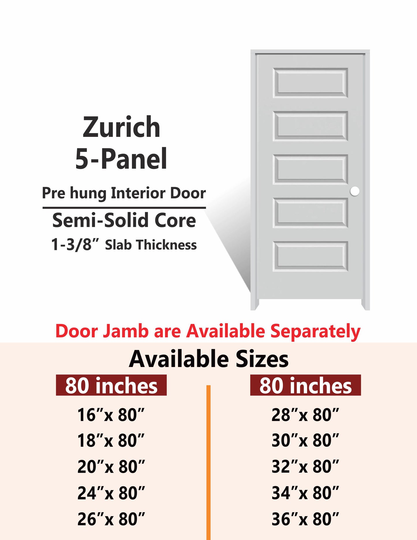 ZURICH-5 Panel Interior Door SLAB & PREHUNG (RH/LH/ND)
