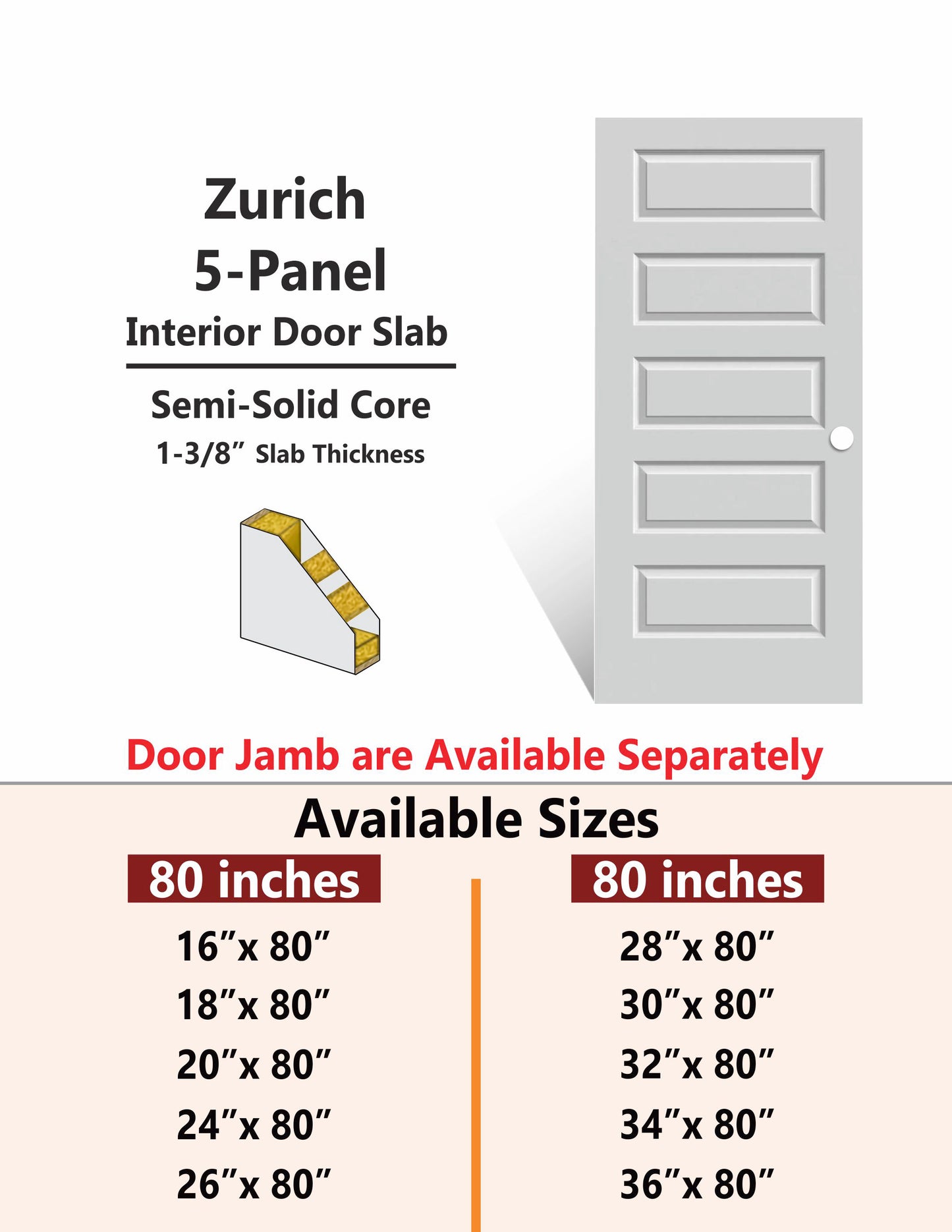 ZURICH-5 Panel Interior Door SLAB & PREHUNG (RH/LH/ND)